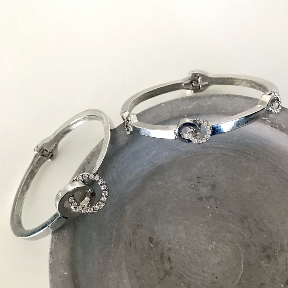 Silver-tone hinged cuff bracelets with rhinestones - Picture 2 of 4